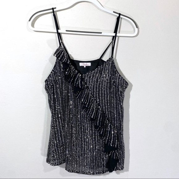 Parker Justin Sequined Camisole Top Ruffled Frill Sequin Tank Large - Picture 2 of 6